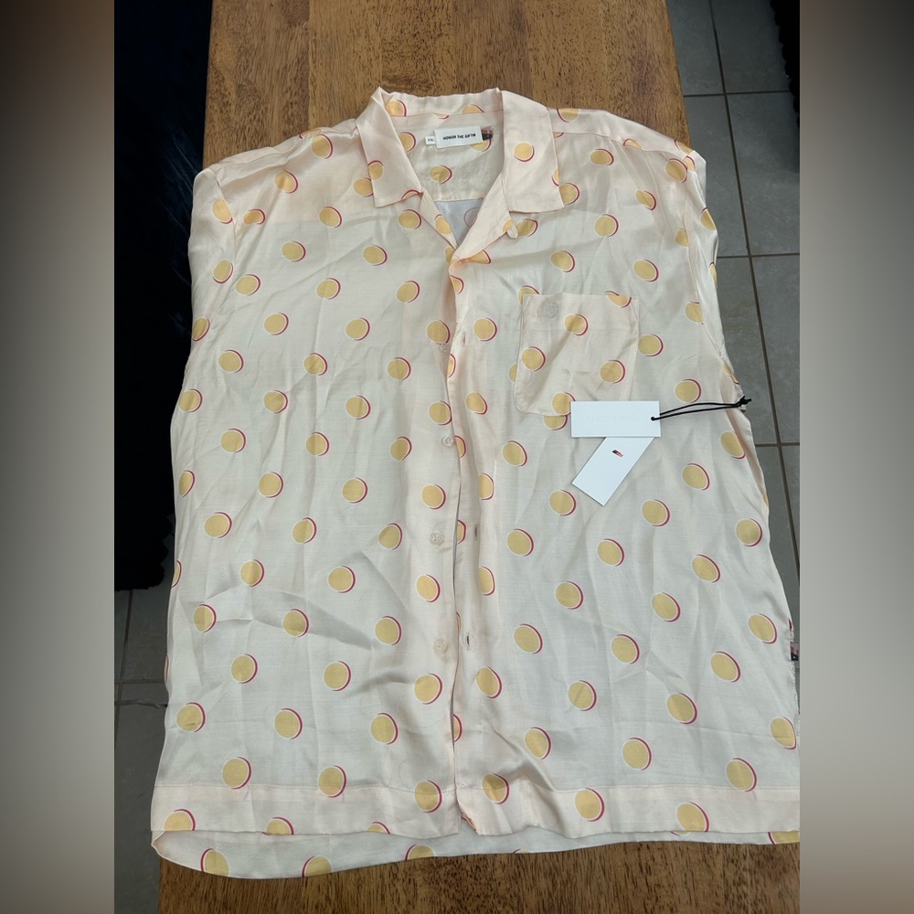 Men's Casual Button Down Shirt - Cream with Yellow Polka Dots